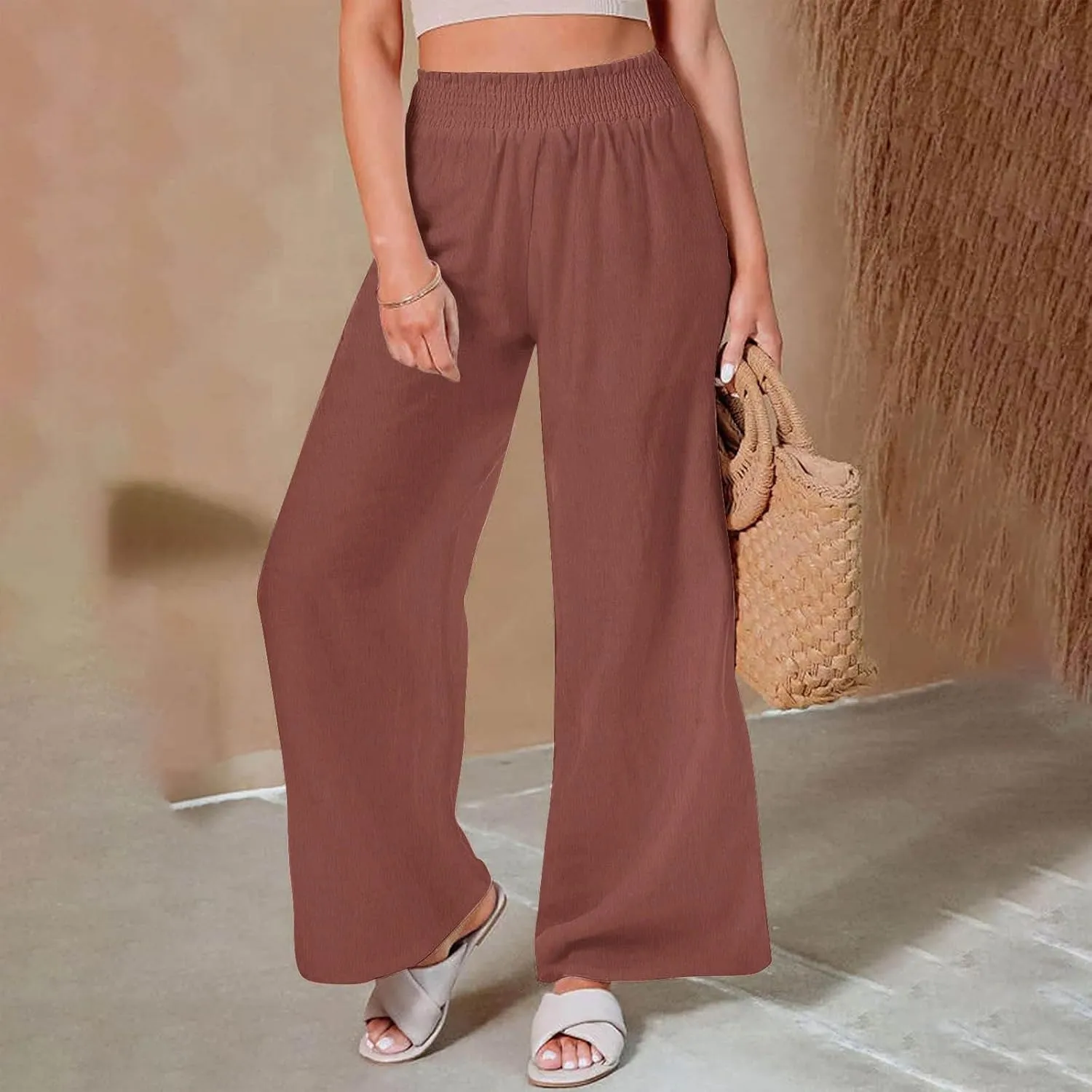 Linen Pants for Women Smocked High Waisted Flowy Palazzo Pants Casual Wide Leg Trousers with Pockets Summer Clothes