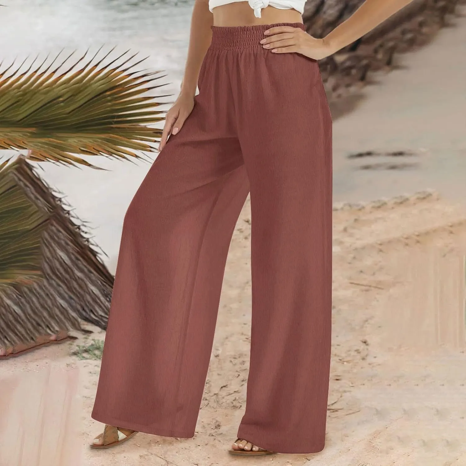 Linen Pants for Women Smocked High Waisted Flowy Palazzo Pants Casual Wide Leg Trousers with Pockets Summer Clothes