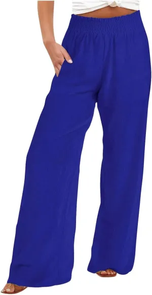 Linen Pants for Women Smocked High Waisted Flowy Palazzo Pants Casual Wide Leg Trousers with Pockets Summer Clothes