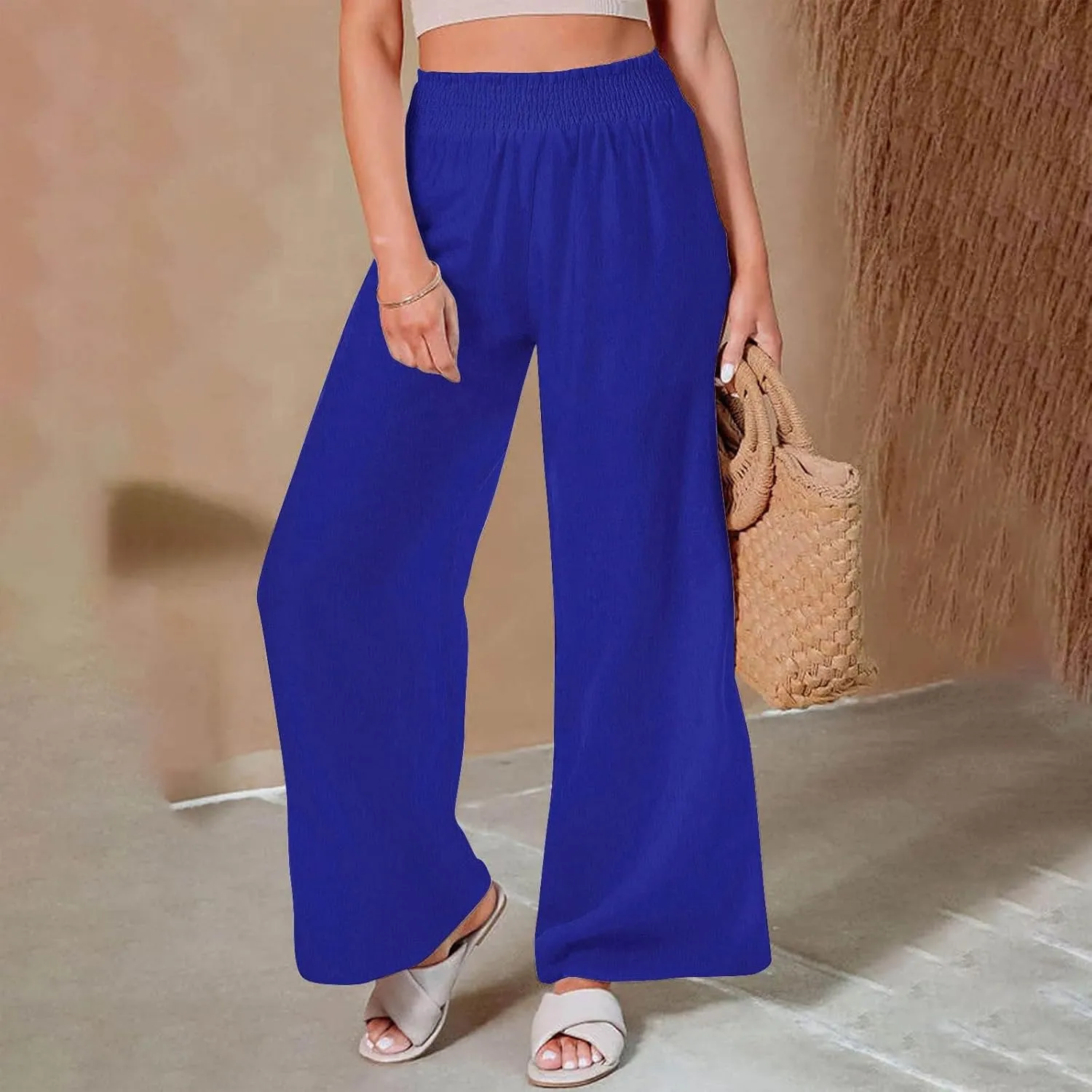 Linen Pants for Women Smocked High Waisted Flowy Palazzo Pants Casual Wide Leg Trousers with Pockets Summer Clothes
