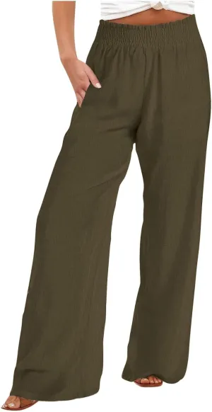 Linen Pants for Women Smocked High Waisted Flowy Palazzo Pants Casual Wide Leg Trousers with Pockets Summer Clothes
