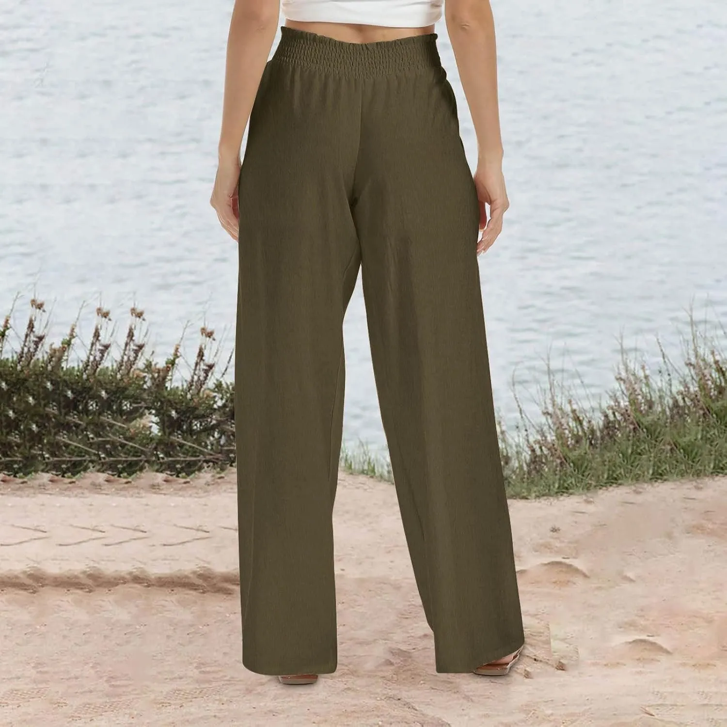 Linen Pants for Women Smocked High Waisted Flowy Palazzo Pants Casual Wide Leg Trousers with Pockets Summer Clothes