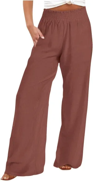 Linen Pants for Women Smocked High Waisted Flowy Palazzo Pants Casual Wide Leg Trousers with Pockets Summer Clothes