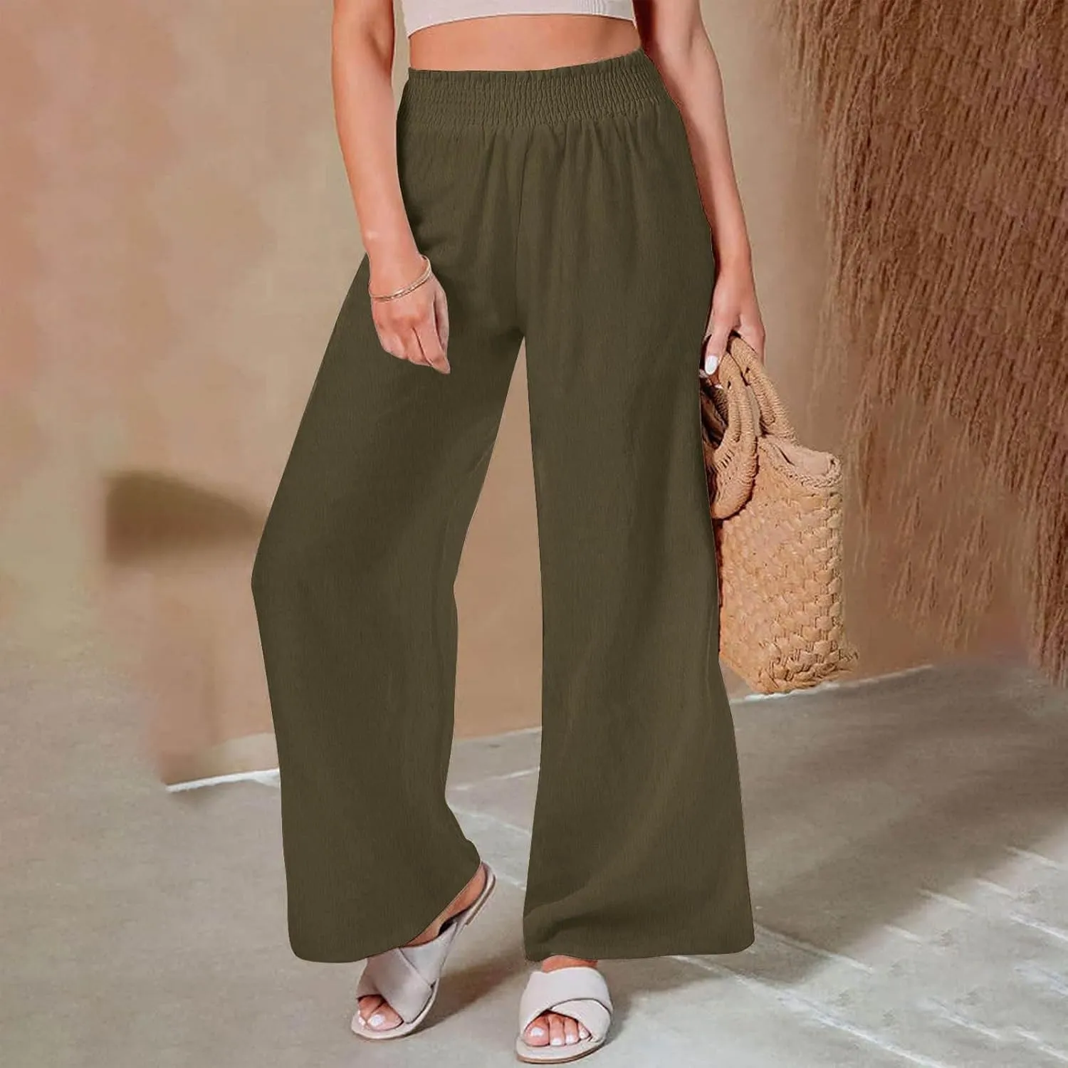 Linen Pants for Women Smocked High Waisted Flowy Palazzo Pants Casual Wide Leg Trousers with Pockets Summer Clothes