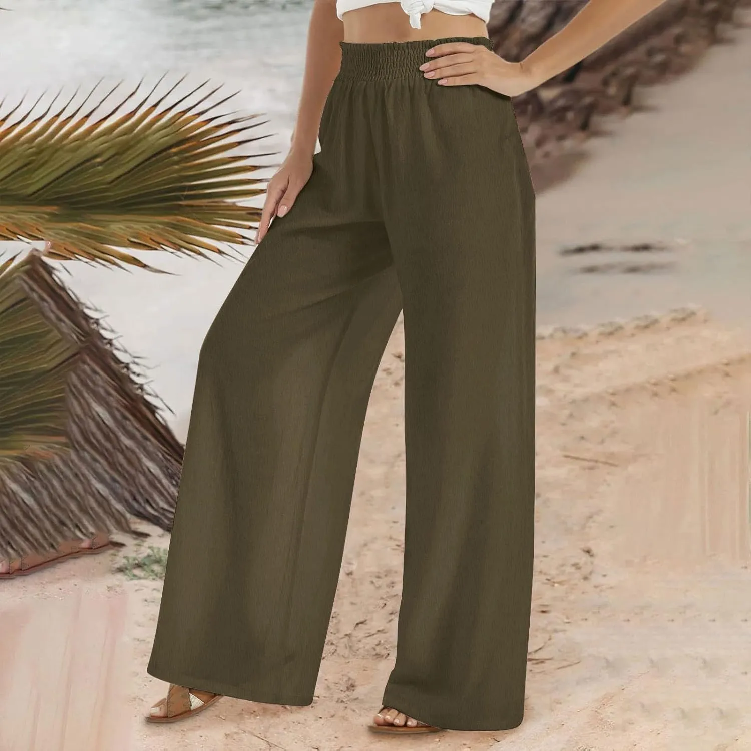 Linen Pants for Women Smocked High Waisted Flowy Palazzo Pants Casual Wide Leg Trousers with Pockets Summer Clothes