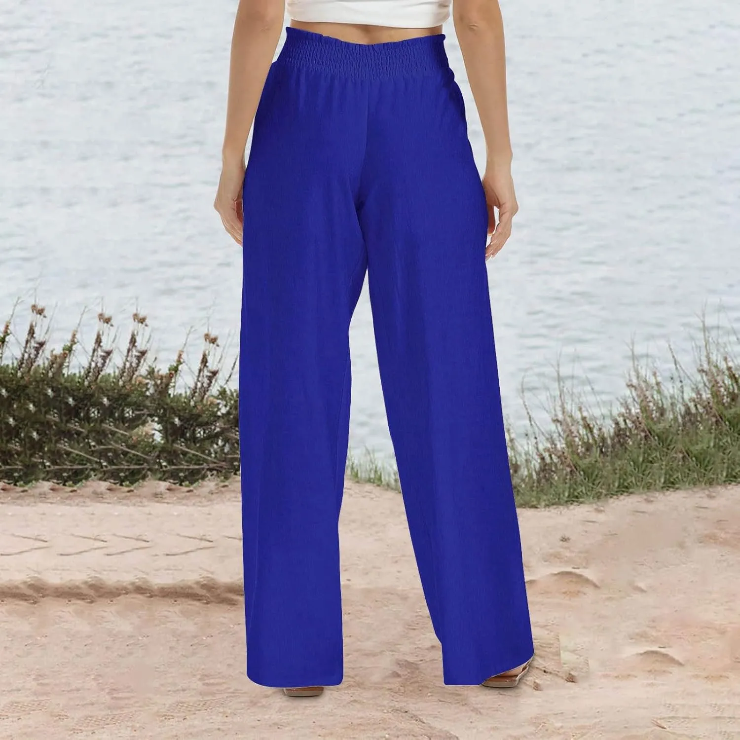 Linen Pants for Women Smocked High Waisted Flowy Palazzo Pants Casual Wide Leg Trousers with Pockets Summer Clothes