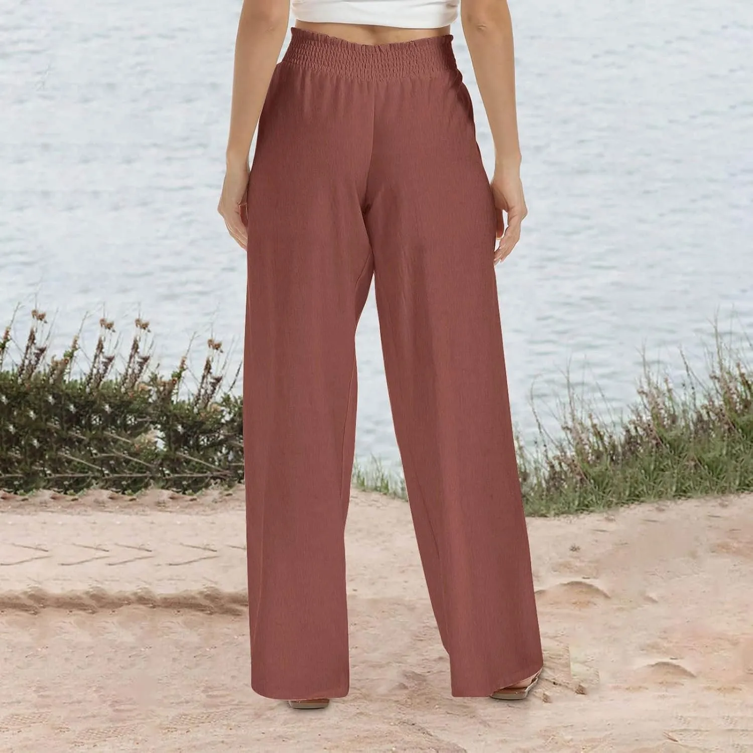 Linen Pants for Women Smocked High Waisted Flowy Palazzo Pants Casual Wide Leg Trousers with Pockets Summer Clothes