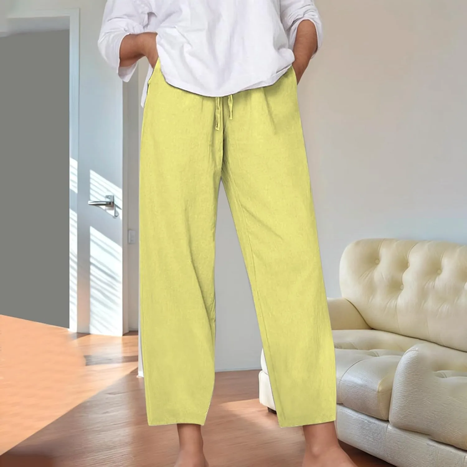 Linen Pants Women Casual Summer Loose Solid Color Boho Plus Size High Waisted Linen Pants Straight Trousers with Pockets
