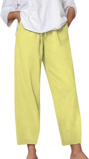 Linen Pants Women Casual Summer Loose Solid Color Boho Plus Size High Waisted Linen Pants Straight Trousers with Pockets