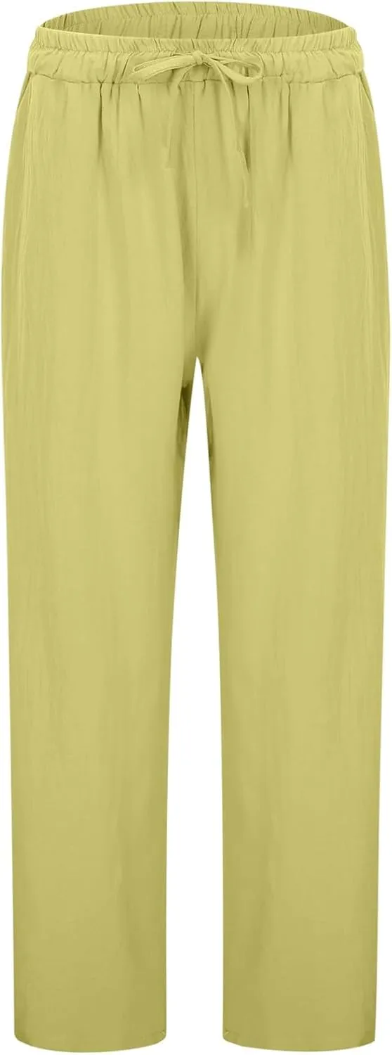 Linen Pants Women Casual Summer Loose Solid Color Boho Plus Size High Waisted Linen Pants Straight Trousers with Pockets
