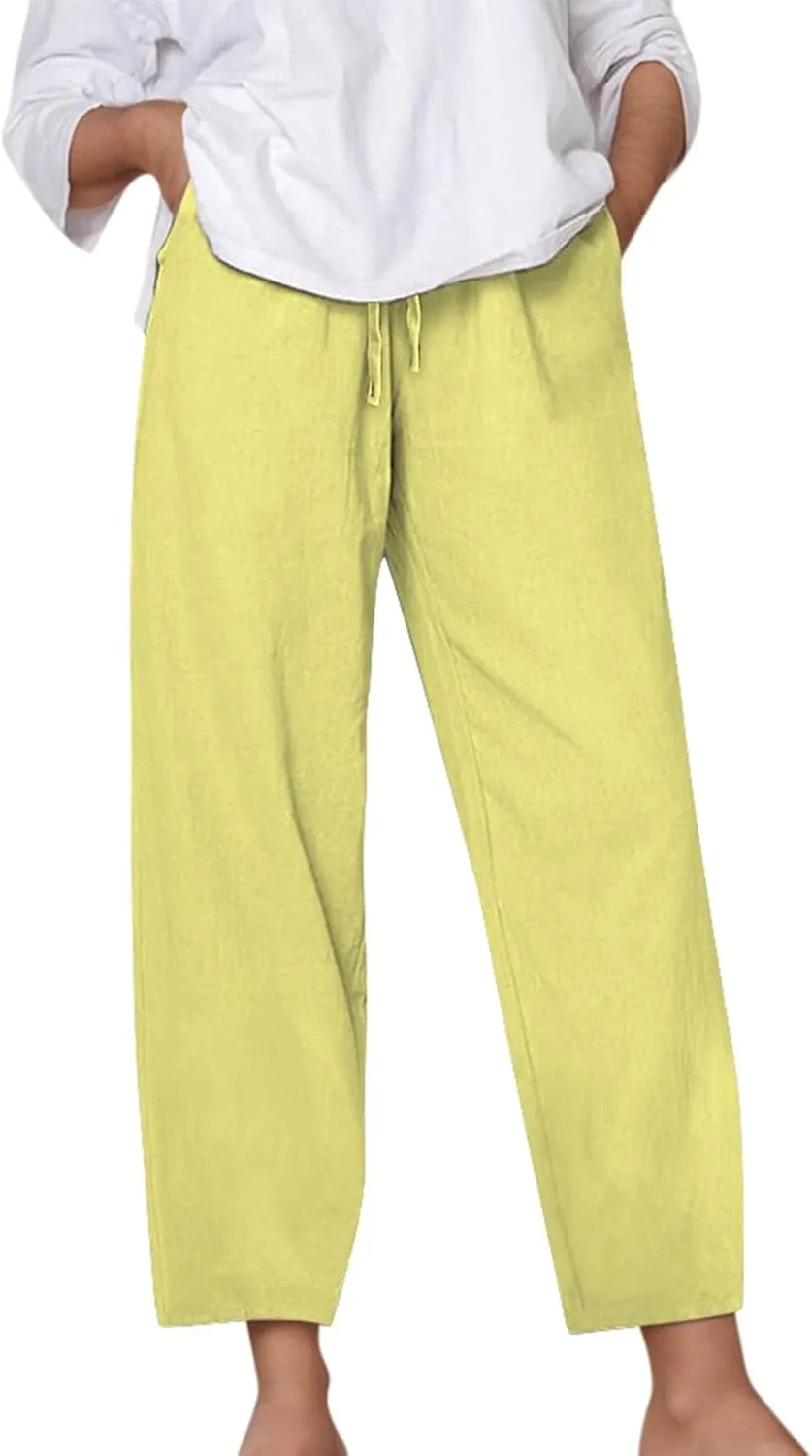 Linen Pants Women Casual Summer Loose Solid Color Boho Plus Size High Waisted Linen Pants Straight Trousers with Pockets