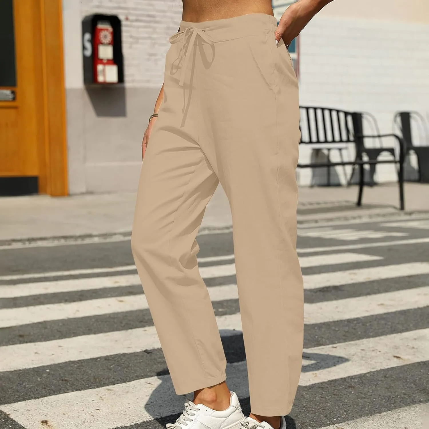 Linen Pants Women Summer Dressy Straight Wide Leg High Waisted Pants Casual Loose Plus Size Baggy Pants Trousers