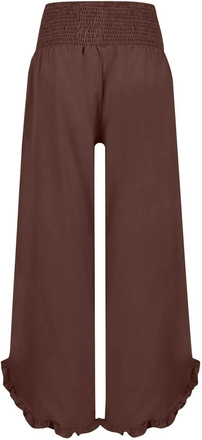 Linen Wide Leg Pants for Women Smocked Elastic Waist Flowy Lounge Pants Summer Casual Beach Ruffle Hem Palazzo Pants