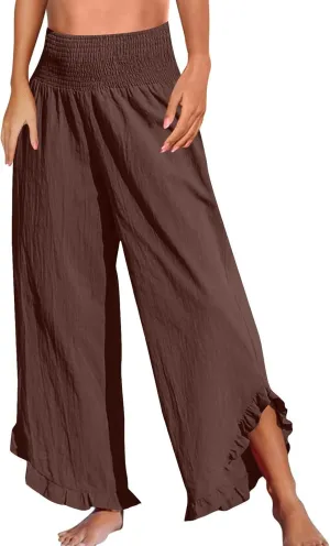 Linen Wide Leg Pants for Women Smocked Elastic Waist Flowy Lounge Pants Summer Casual Beach Ruffle Hem Palazzo Pants