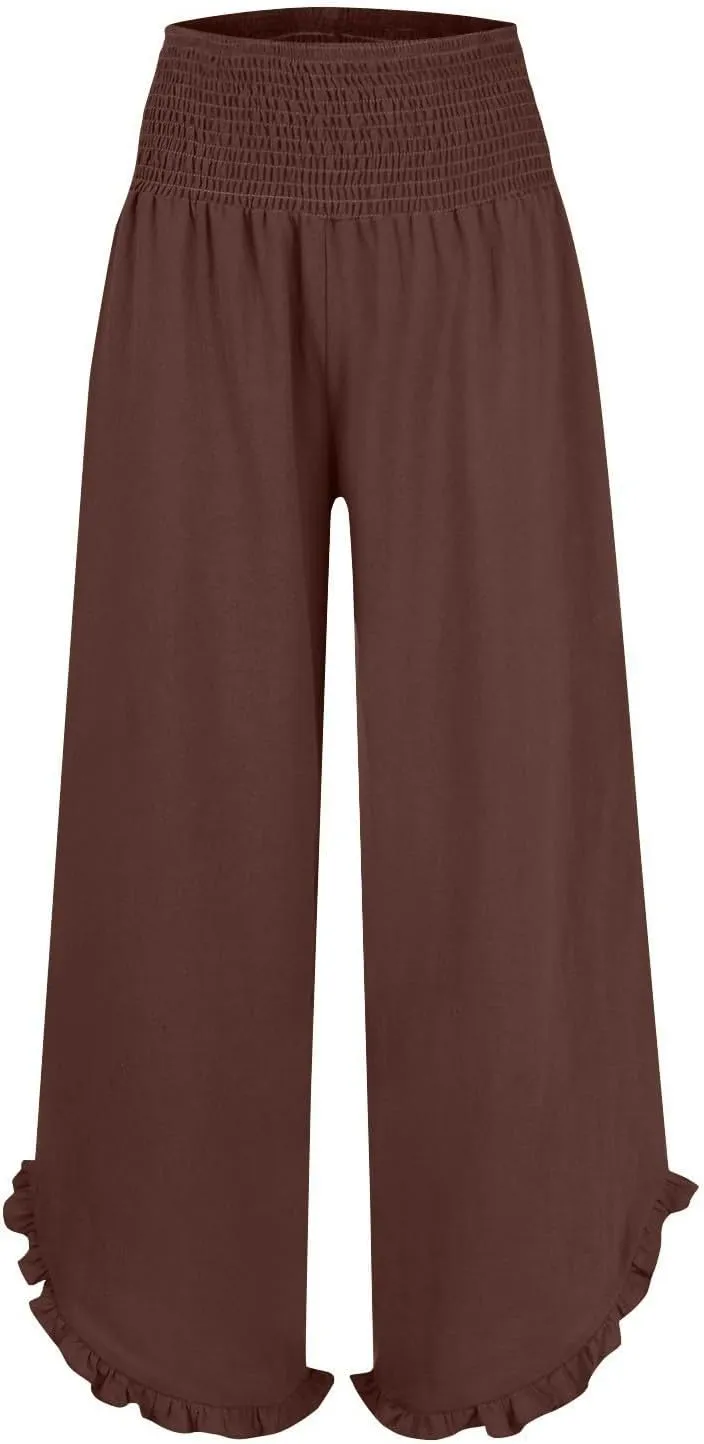 Linen Wide Leg Pants for Women Smocked Elastic Waist Flowy Lounge Pants Summer Casual Beach Ruffle Hem Palazzo Pants