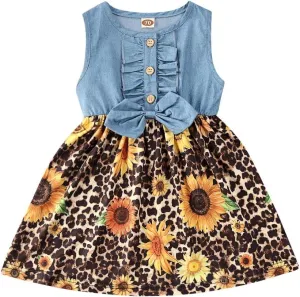 Little Girls Princess Dresses, Ruffle Sleeveless Denim Tops Sundress Floral Print Tutu Skirts One-Piece Mini Dress Outfit (03-Sundress#Leo&Flower, 1-2T)