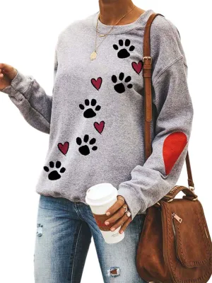 Love Heart Dog Paw Print Sweatshirts Women Long Sleeve Pullover Tops Casual Blouse Mother's Day