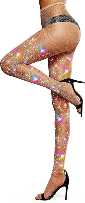 LUCKELF Sexy High Waist Tights Sparkle Rhinestone Fishnets Party Rhinestone Mesh Stockings