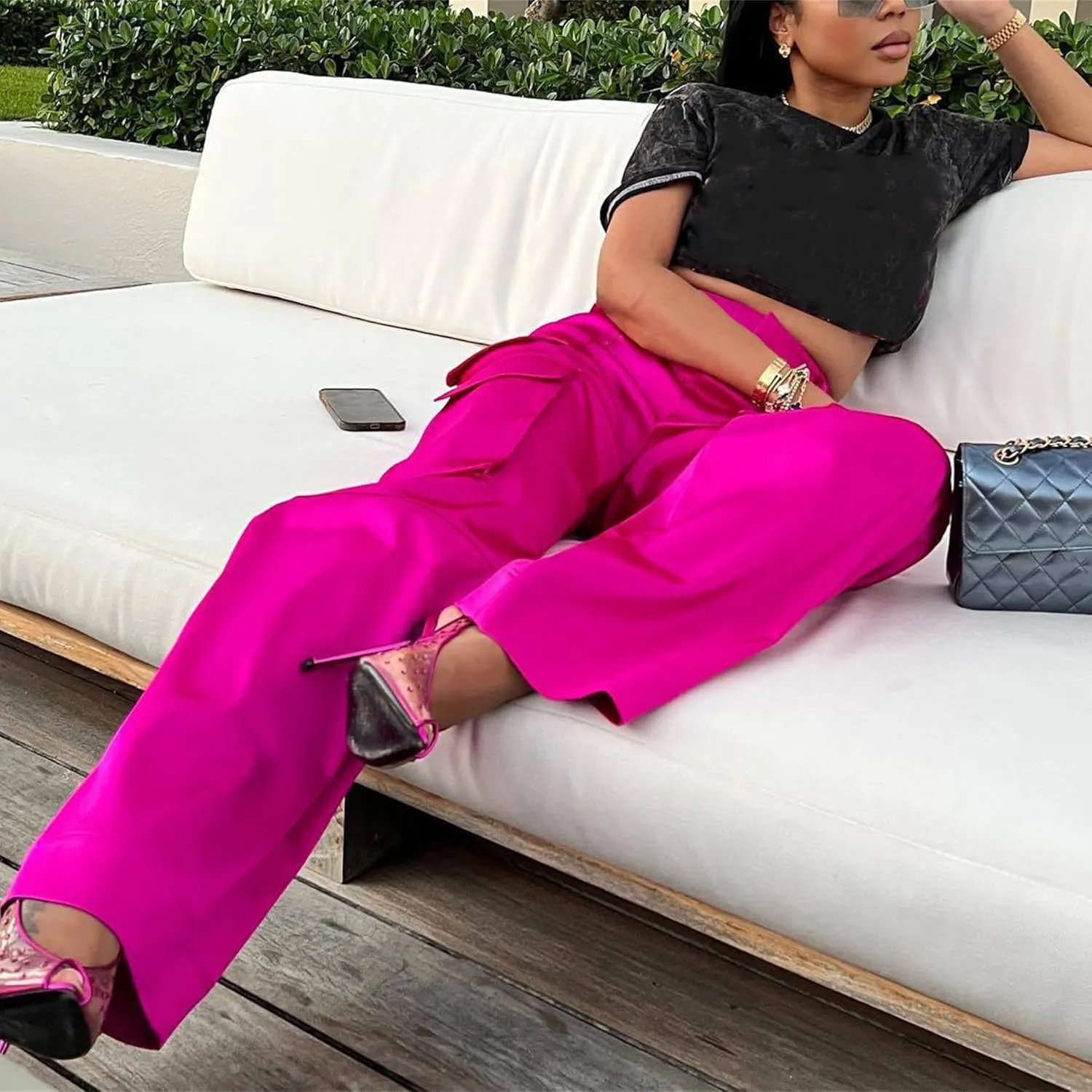 Lucuna Women's Satin Cargo Pants Y2K High Waisted Multi-Pocket Straight Leg Baggy Casual Trousers