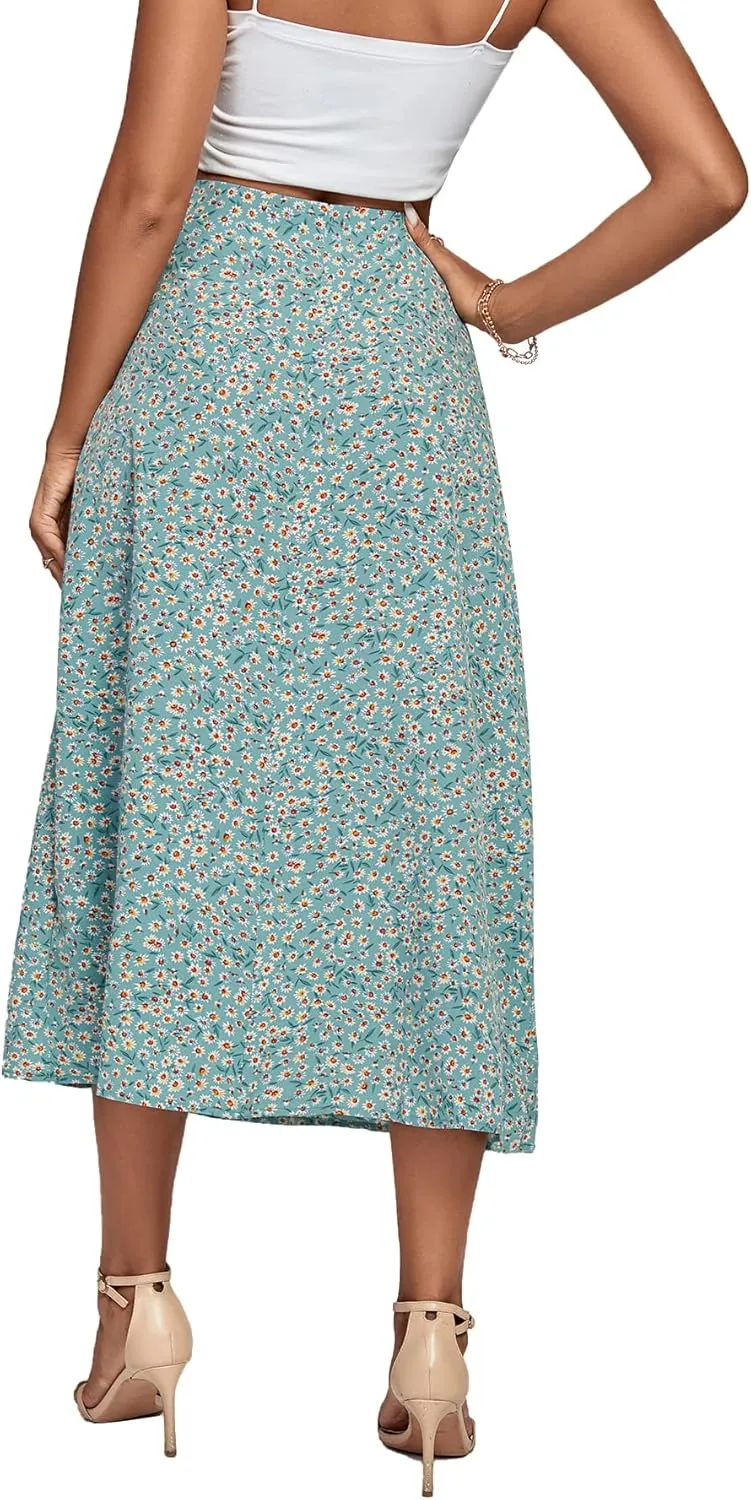 LYANER Women's Casual Boho Printed High Waist Side Split Hem Zipper Midi Skirt