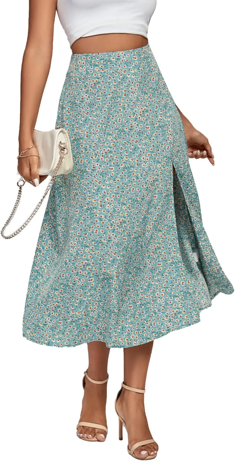 LYANER Women's Casual Boho Printed High Waist Side Split Hem Zipper Midi Skirt