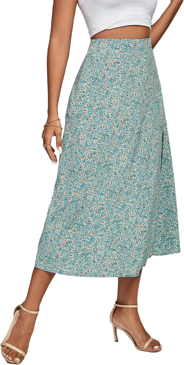 LYANER Women's Casual Boho Printed High Waist Side Split Hem Zipper Midi Skirt