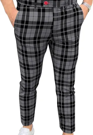 Maiyifu-GJ Men Plaid Dress Chino Pants Casual Stretch Slim Fit Business Trousers Checked Flat Front Skinny Golf Long Pant