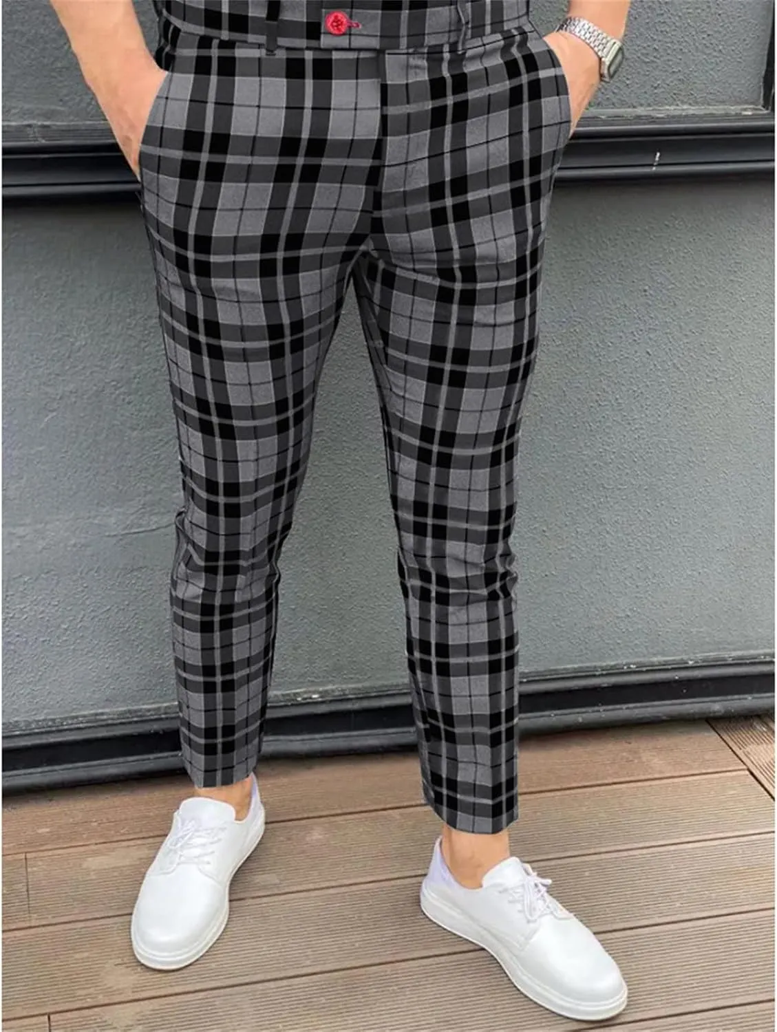 Maiyifu-GJ Men Plaid Dress Chino Pants Casual Stretch Slim Fit Business Trousers Checked Flat Front Skinny Golf Long Pant