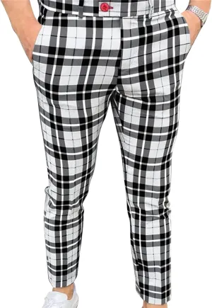 Maiyifu-GJ Men Plaid Dress Chino Pants Casual Stretch Slim Fit Business Trousers Checked Flat Front Skinny Golf Long Pant