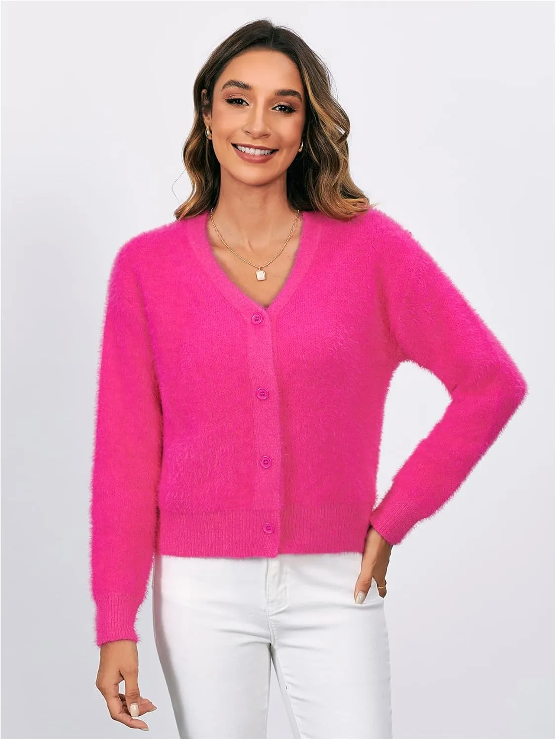 MakeMeChic Women's Fuzzy Cardigan Sweater V Neck Button Down Long Sleeve Crop Cardigan Coat