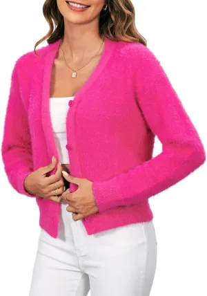 MakeMeChic Women's Fuzzy Cardigan Sweater V Neck Button Down Long Sleeve Crop Cardigan Coat