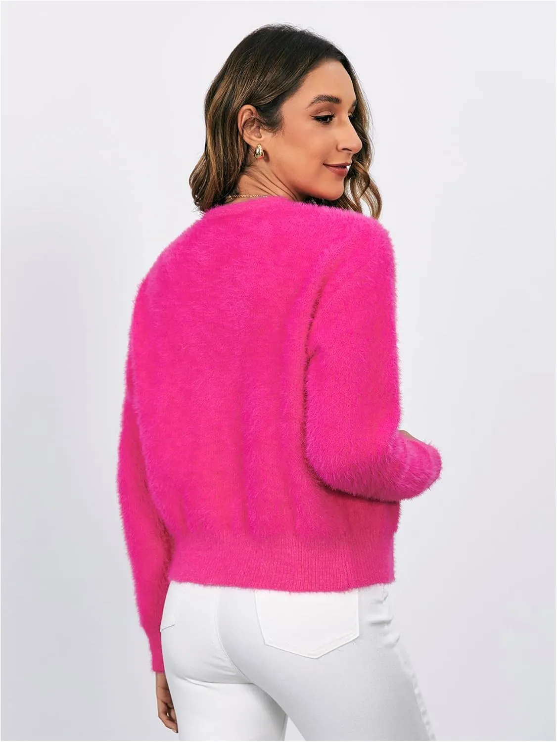 MakeMeChic Women's Fuzzy Cardigan Sweater V Neck Button Down Long Sleeve Crop Cardigan Coat
