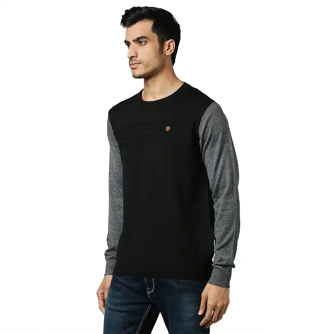 Men Grey Stripe Acrylic Wool Blend Round Collar Sweaters