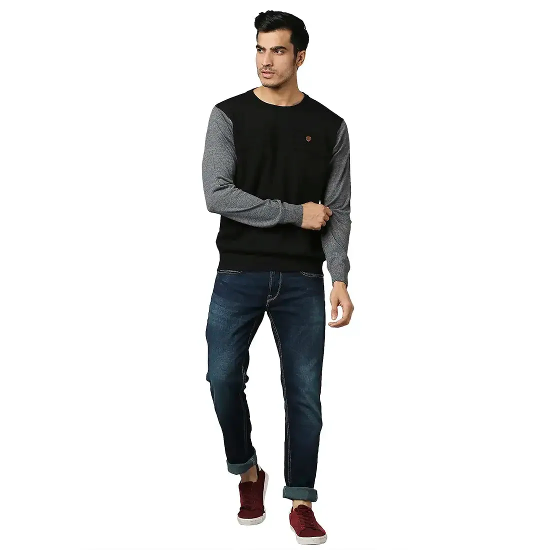 Men Grey Stripe Acrylic Wool Blend Round Collar Sweaters