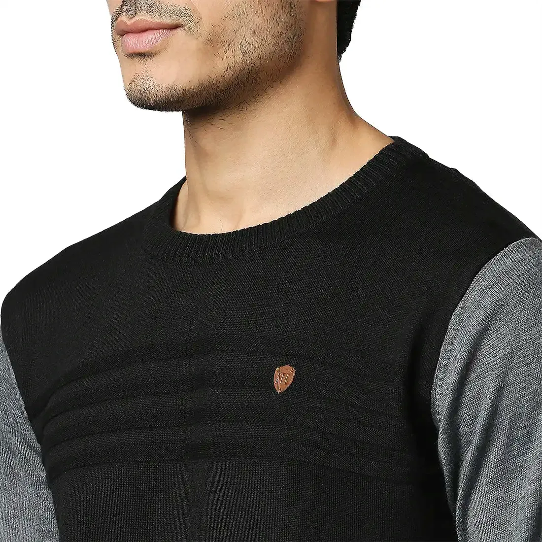 Men Grey Stripe Acrylic Wool Blend Round Collar Sweaters