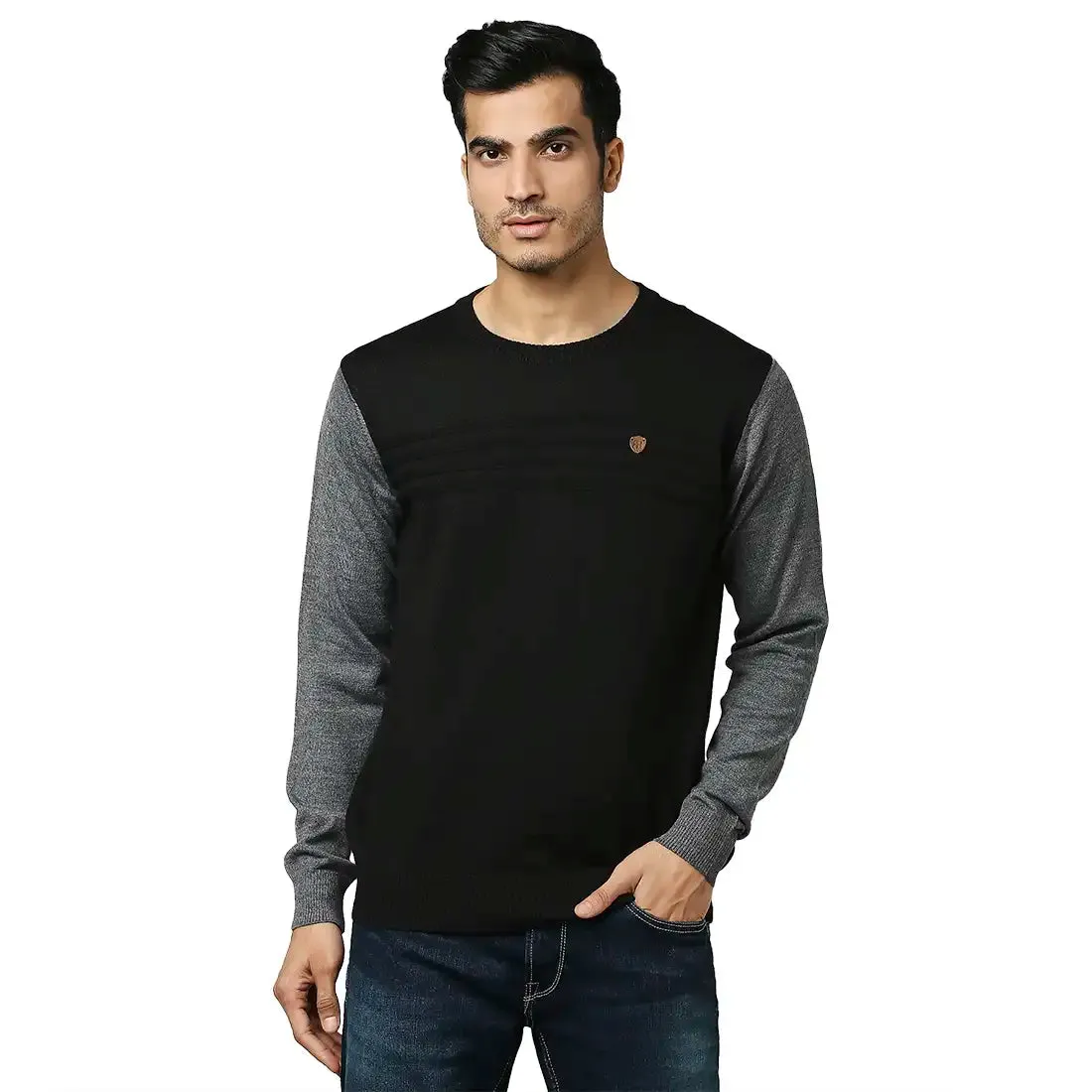 Men Grey Stripe Acrylic Wool Blend Round Collar Sweaters