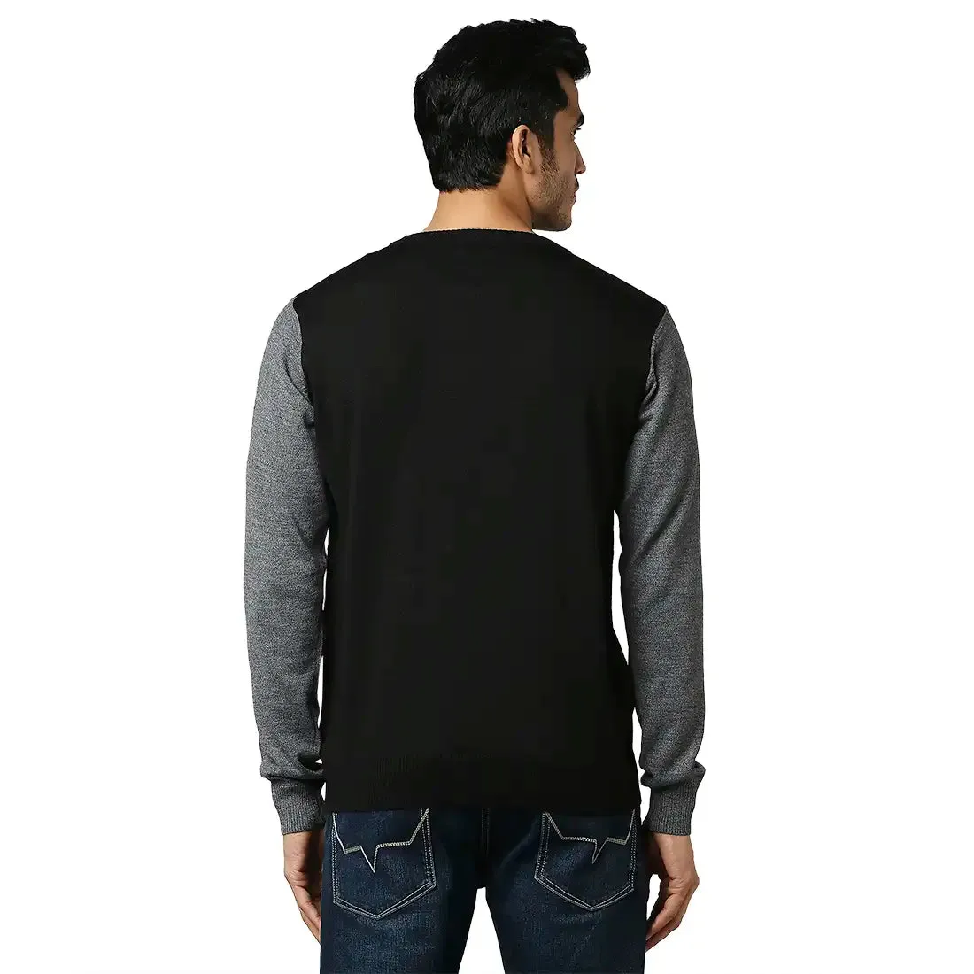 Men Grey Stripe Acrylic Wool Blend Round Collar Sweaters