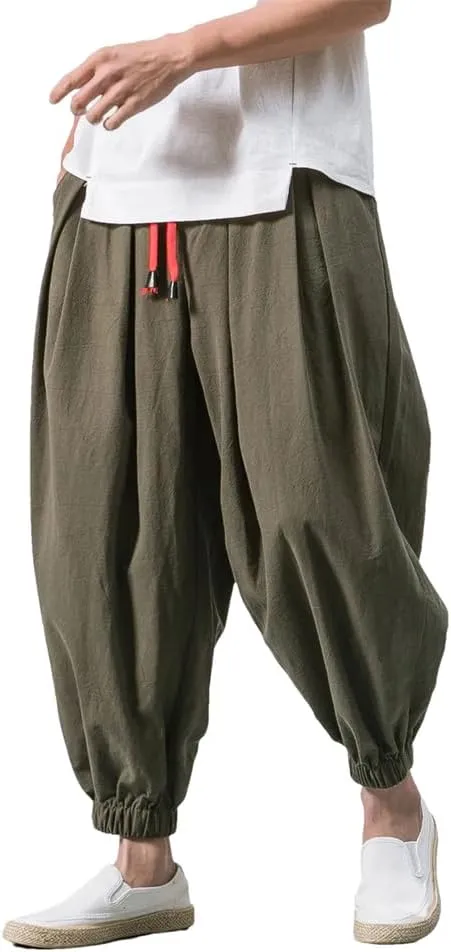 Men Loose Harem Pants Chinese Linen Overweight Sweatpants Solid Casual Trousers