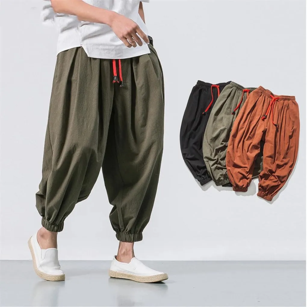 Men Loose Harem Pants Chinese Linen Overweight Sweatpants Solid Casual Trousers