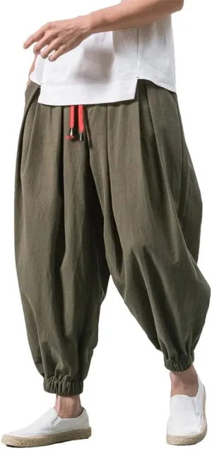 Men Loose Harem Pants Chinese Linen Overweight Sweatpants Solid Casual Trousers