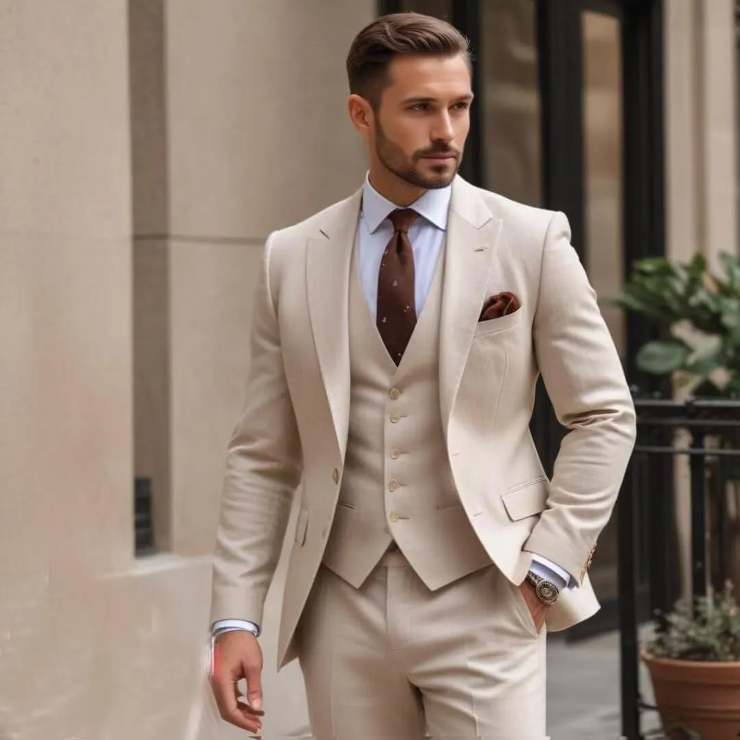 Men Slim Fit 3 Piece Suit Sets Wedding Suits 2 Button Blazer Peak Lapel Solid Suit Single Breasted Vest & Pants