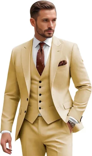 Men Slim Fit 3 Piece Suit Sets Wedding Suits 2 Button Blazer Peak Lapel Solid Suit Single Breasted Vest & Pants