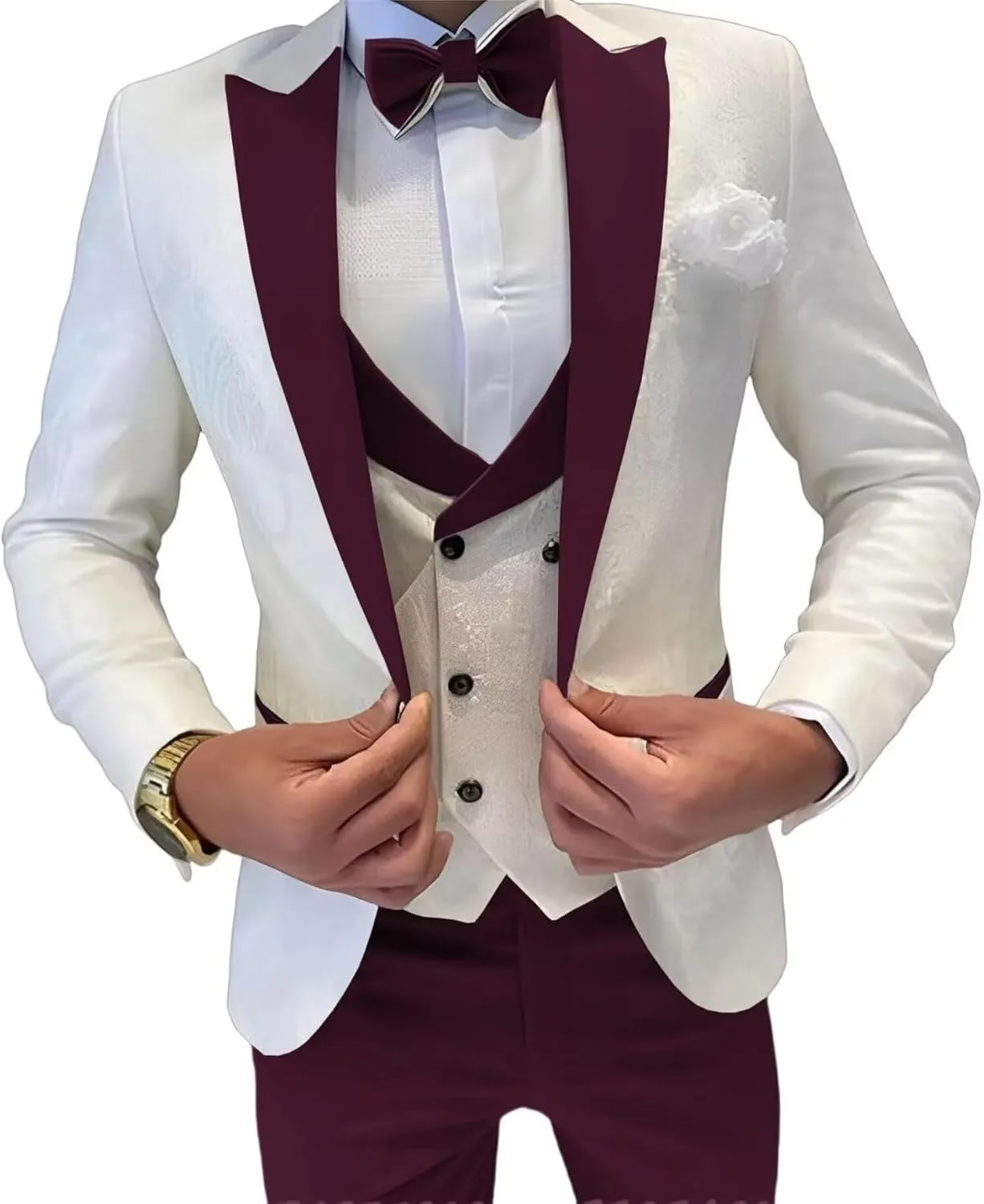 Mens Jacquard Suit 3 Piece Slim Fit Suit Mens Double Breasted Suit Formal Prom Tuxedo Suit Set for Wedding Dinner