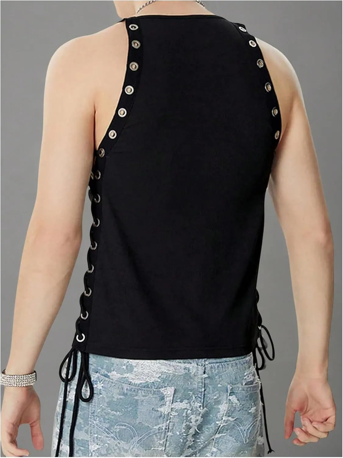 Men's Lace Up Tie Side Party Club Tank Top Sleeveless Fitted Summer Crop Tops Going Out Undershirts