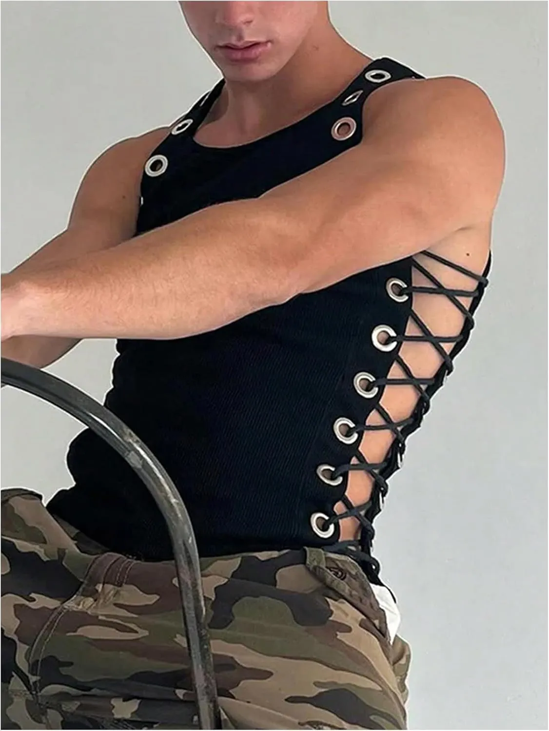 Men's Lace Up Tie Side Party Club Tank Top Sleeveless Fitted Summer Crop Tops Going Out Undershirts