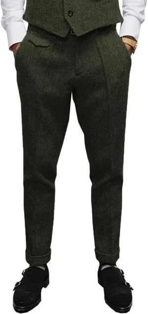 Mens Pants Herringbone Vintage Dress Pant Hemmed Pleated Suit Pants