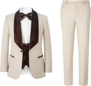 Men's Slim Fit Tuxedo, Shiny Velvet Shawl Collar 3 Piece Suit, Party Jacket Vest Pants & Bow Tie Set