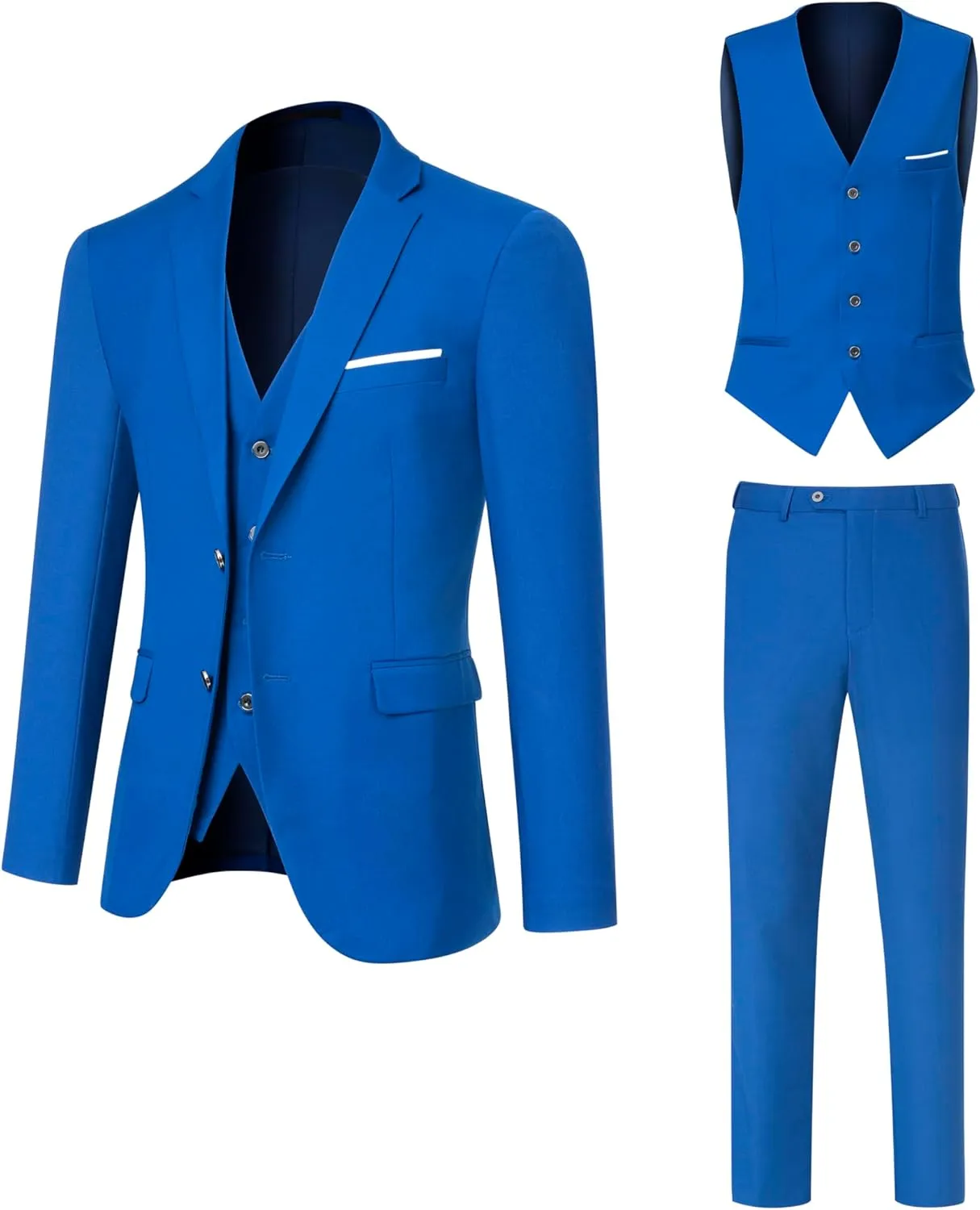 Men's Suit 3 Piece Slim Fit Suit Set, Two Button Solid Jacket Vest Pants with Tie, Men Tuxedo Suit Set