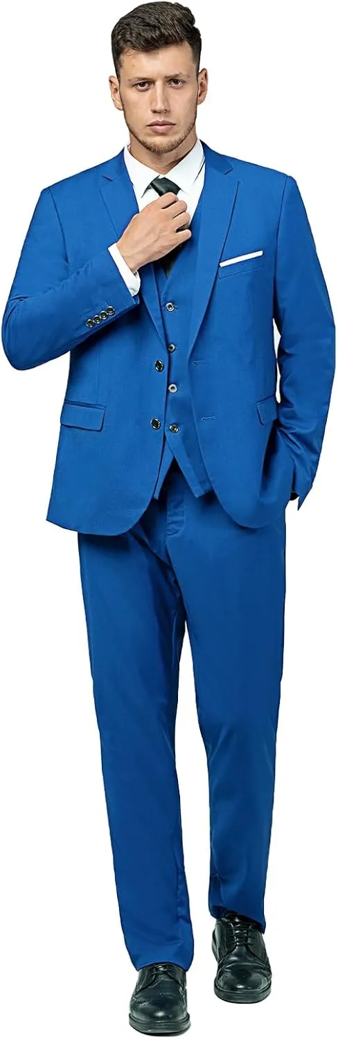 Men's Suit 3 Piece Slim Fit Suit Set, Two Button Solid Jacket Vest Pants with Tie, Men Tuxedo Suit Set