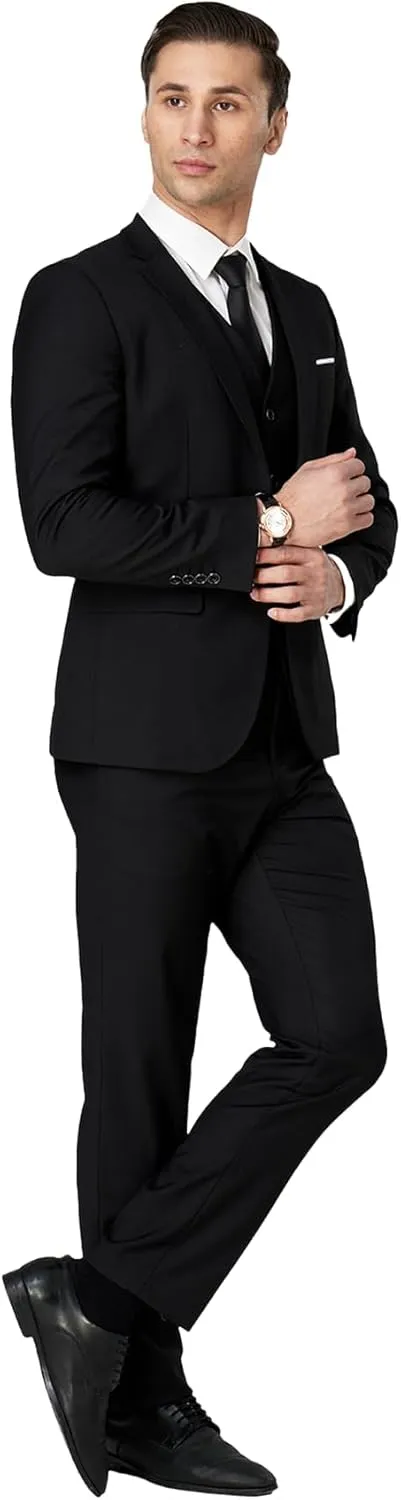 Men's Suit 3 Piece Slim Fit Suit Set, Two Button Solid Jacket Vest Pants with Tie, Men Tuxedo Suit Set